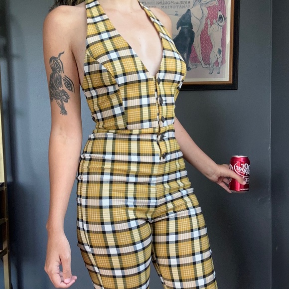 Urban Outfitters size small yellow plaid 70’s style jumpsuit with halter top - Picture 2 of 7